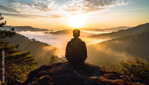 A solitary figure sits in contemplation overlooking a breathtaking mountain landscape at sunrise.