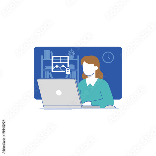 Professional woman working on laptop at desk illustration.