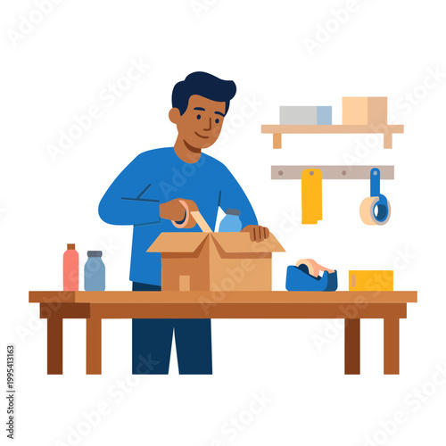 A man packing a cardboard box on a table in an industrial setting.