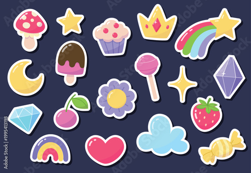 Cute set of kawaii stickers. Cartoon sweet icons for child design. Beautiful children's symbols for sticking on.