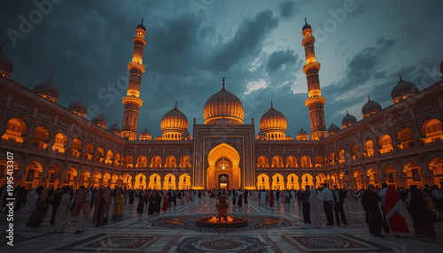 A large mosque with people gathered around it at dusk in India