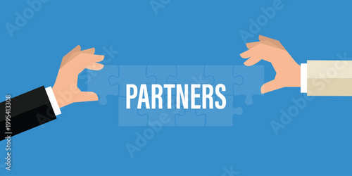 Partnership Puzzle: Two hands working together to fit a puzzle piece that spell PARTNERS, symbolizing collaboration and unity. Representing the essence of partnership and shared goals.