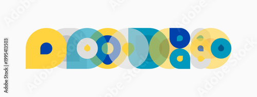 Abstract colorful shapes overlap, creating playful design. Circles, squares, rectangles form dynamic composition. Bright hues dominate.