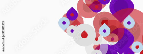 Abstract shapes, circles, overlapping colors. Pink, purple hues dominate white background. Modern design, simple composition.