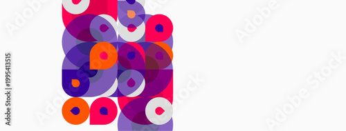 Abstract composition featuring overlapping circles. Vibrant purple, orange hues dominate white background. Modern, playful design.