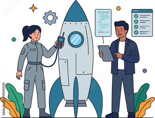 Astronaut and engineer prepare rocket for launch in space exploration setting.