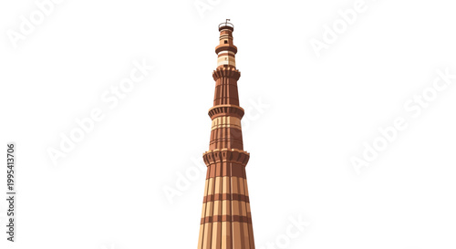 Low-angle shot capturing Qutub Minar, a famous landmark of India, showcasing its intricate architecture and towering height against a bright white background with a clear and focused