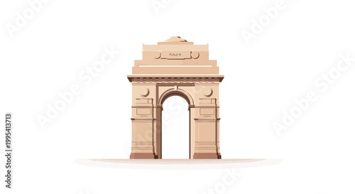 A symmetrical, low-angle shot showcases the iconic India Gate landmark against a clean white background, rendered in a minimalist style with soft lighting that highlights its architectural