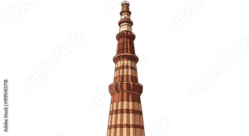 The Qutub Minar, a well-known landmark in India, stands tall with its intricate red sandstone and marble detailing, captured in a full shot against a stark white background