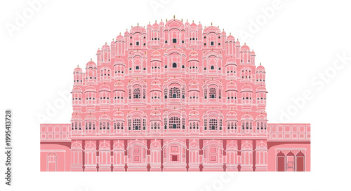 Detailed illustration of Hawa Mahal, a famous landmark in India, with its intricate architecture rendered in shades of pink against a clean white background creating a minimalist
