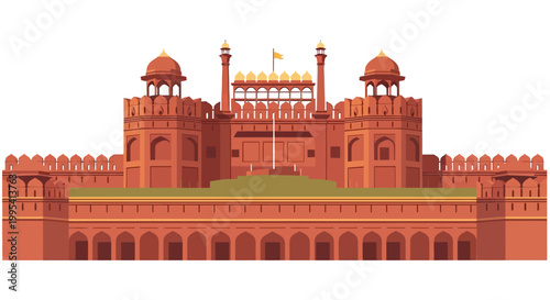 A vector illustration depicts the Red Fort, a famous landmark of India, showcasing its architectural details against a clean white background, rendered in a flat style with dominant warm