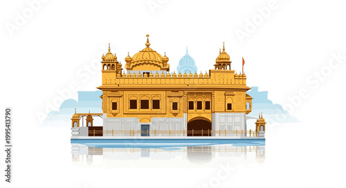 Golden Temple, a significant landmark in India, is depicted in a digital illustration with a clean composition, showcasing its ornate gold facade against a bright white background
