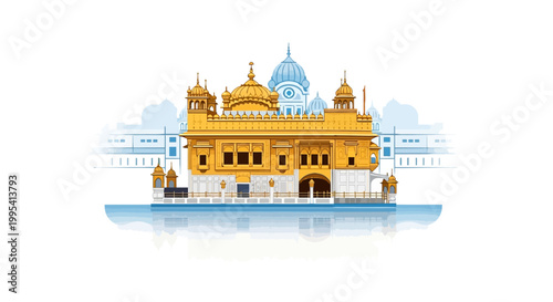 Illustrated vector of the Golden Temple, a famous landmark in India, rendered with bright, saturated colors and clean lines, presented against a crisp white background with a minimalist