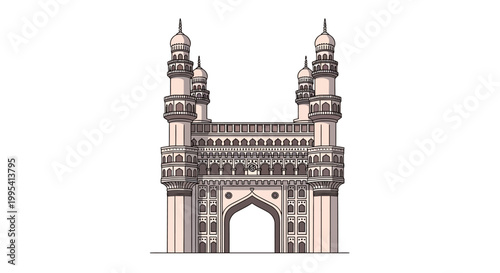 Architectural elevation of Charminar, a historical landmark in India, rendered with clean lines and pastel colors, showcasing its iconic minarets and archways against a plain white