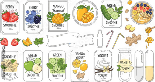 Fresh Smoothie and Yogurt Label Set Featuring Berry, Mango, Green Detox, and Vanilla Flavors with Fruits and Natural Ingredients