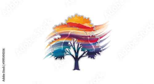 Vibrant watercolor tree illustration showcasing a blend of colorful brushstrokes and natural forms