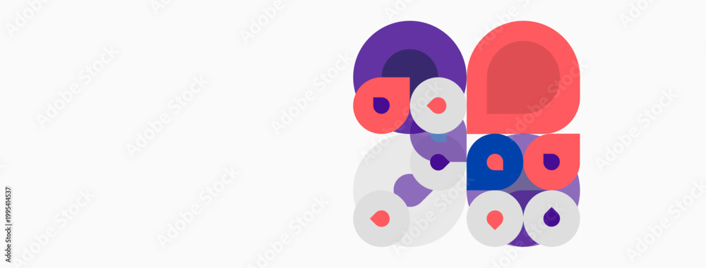 Fototapeta premium Abstract composition featuring overlapping circles. Colors include purple, red, white. Minimalist design, geometric shapes present.