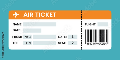 Air Ticket: a graphical representation of an airplane ticket for flight transportation, inviting the viewer into a world of travel and adventure