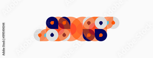 Abstract circles overlap, creating playful composition. Orange, navy hues dominate white background. Modern design element.