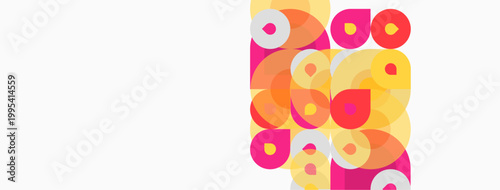 Abstract circles overlap, creating vibrant patterns. Pink, orange, yellow hues dominate composition. Minimalist design, modern aesthetic.