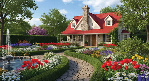 Beautiful House with Red Roof and Colorful Garden Fountain
