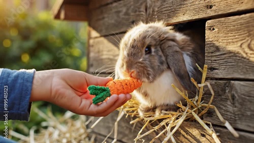 Cute Rabbit Being Fed a Carrot by a Hand.