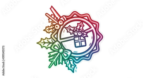 Festive Rainbow Holiday Emblem with Holly Berries and Gift Box Illustration for Celebrations