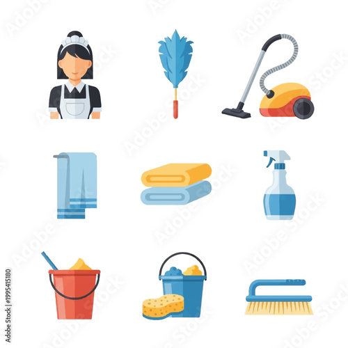 Cleaning lady with cleaning supplies.