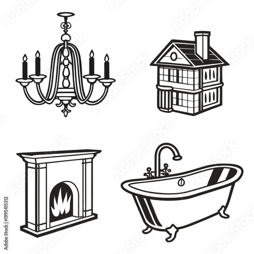 A set of four black and white line art illustrations depicting a chandelier, house, fireplace, and bathtub, showcasing various elements of home design and architecture.