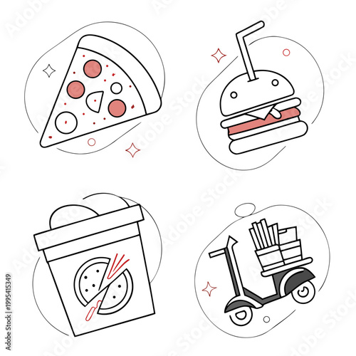 A set of four minimalist food delivery icons featuring a pizza, burger, takeout box, and scooter