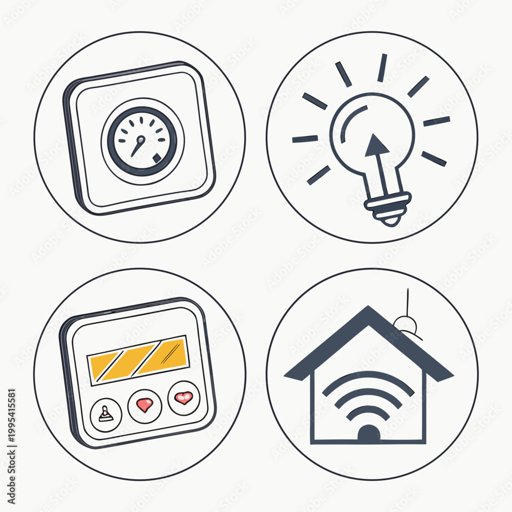 Fototapeta premium A set of four modern icons representing smart home technology and innovation