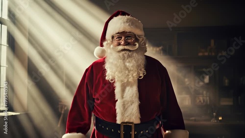Santa Claus Waving Hello in Sunbeams.