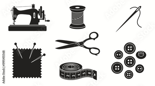 Black sewing and tailoring tool icons featuring sewing machine, scissors, needle, thread and buttons, concept for tailor shop branding, fashion design workshop and dressmaking business