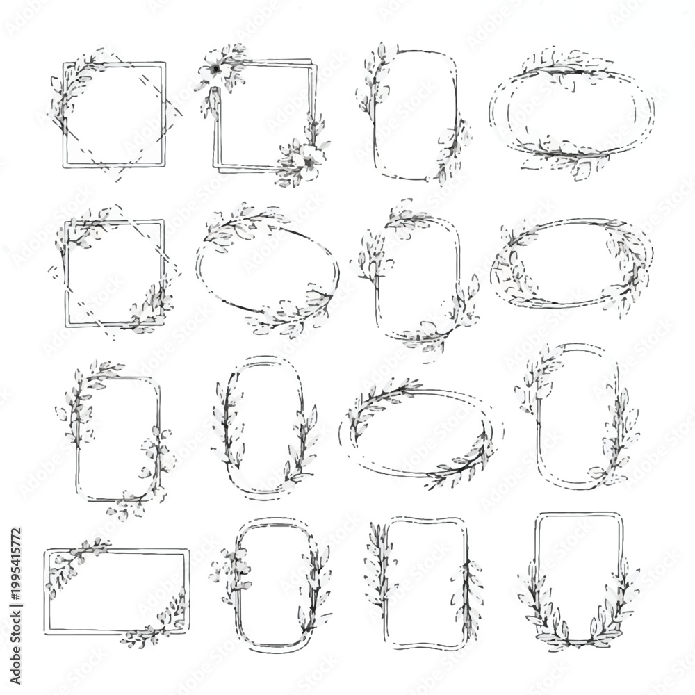 Obraz premium Hand-drawn floral frames elegant rustic black and white sketch illustration vector set for wedding invitations and branding.