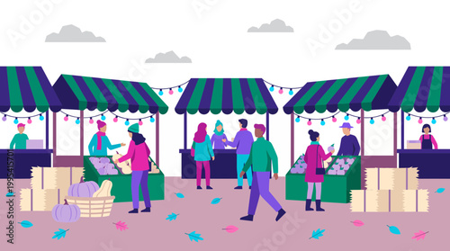 Small business owners and customers at autumn farmers market stalls with pumpkins and hay bales flat illustration, concept for retail marketing, local trade and seasonal commerce