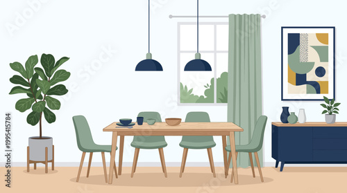 Modern dining room interior with wooden table green chairs blue pendant lamps and abstract wall art on white wall, concept for home decor, interior design and apartment staging