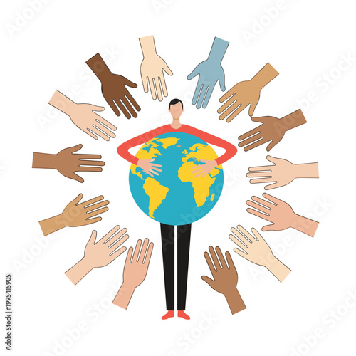 Global Unity Concept with Diverse Hands Around Earth