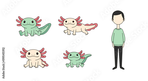 Axolotl Character Variations with Human Figure