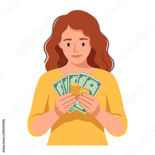 Woman holding cash and coins in hands in front of body indoors