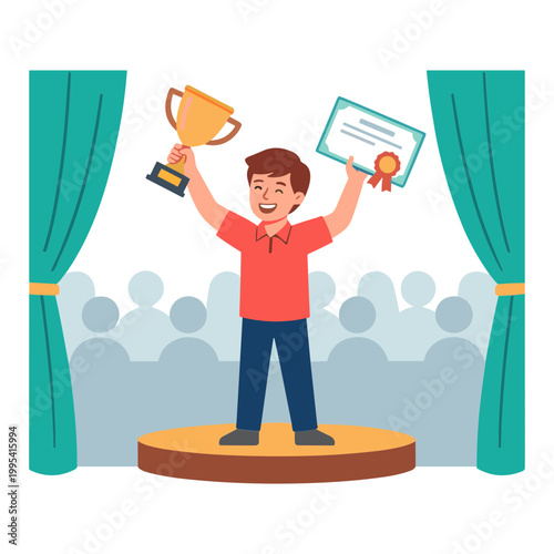 Man holding trophy and certificate on stage with audience