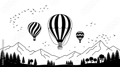 Silhouette of corporate executives in hot air balloons flying over mountain peaks and forest, concept for business leadership, strategic vision and executive goal