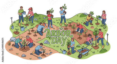 In an illustrative vector art style, a diverse group actively participates in a tree planting event, symbolizing Arbor Day and environmental conservation against a whimsical background