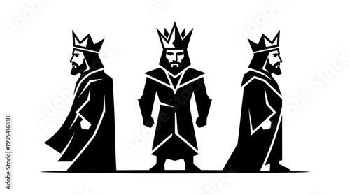 Three geometric black silhouettes of kings wearing crowns and robes in minimalist style representing powerful CEOs, concept for leadership coaching, executive power and corporate branding