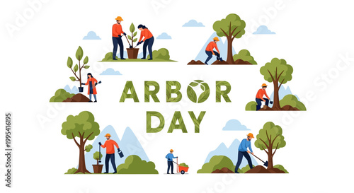 Illustrative vector design shows volunteers planting trees on Arbor Day, promoting environmental conservation and reforestation in a flat lay composition against a clean white background