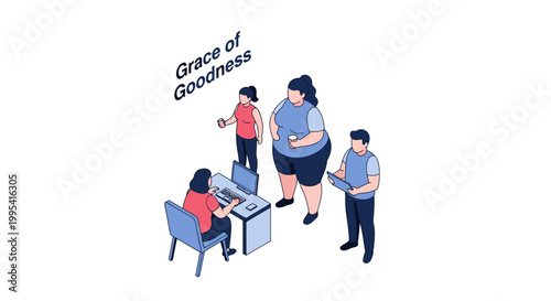 Isometric Illustration of People in Office Environment with Grace of Goodness.