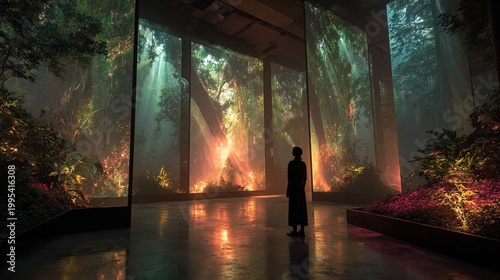 Immersive Digital Art Installation Featuring a Silhouette Person Observing a Breathtaking Projected Forest Landscape Exhibition