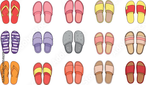Colorful slippers and flip flops vector set with summer footwear casual slides and beach sandals flat illustration collection