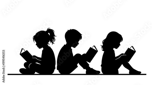 Silhouette of three children sitting on floor reading books isolated on white background, concept for elementary education, literacy development and childhood learning