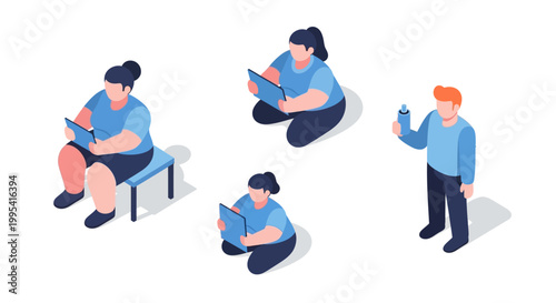Isometric Illustration of People Reading Books and Holding Drinks.