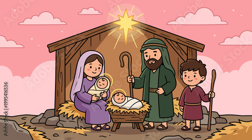 Cute cartoon nativity scene illustration of Mary Joseph and shepherd with baby Jesus in stable under Bethlehem star, concept for Christmas cards, religious education and holiday storytelling